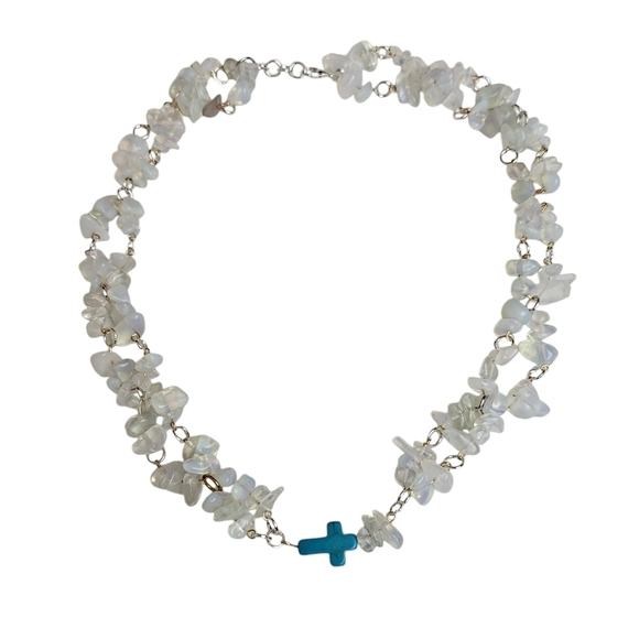 14k Gold Plated Turquoise Cross Opalite Crystal Cluster Necklace - Picture 2 of 3